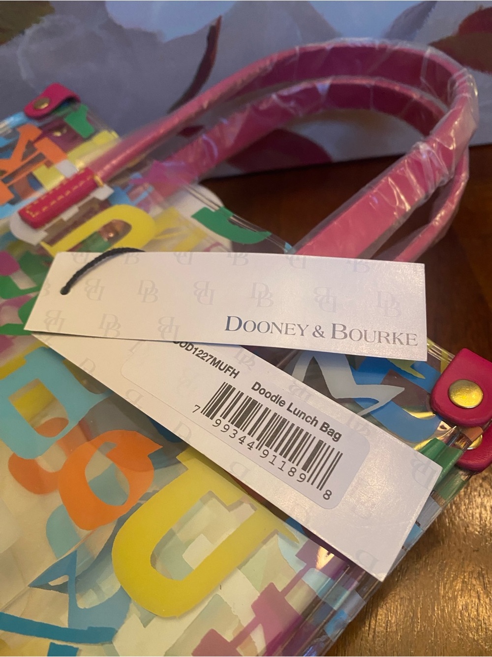 Dooney & Bourke Clear Multicolor Letter-Print “Doodle” Tote w/Pink Handles (NWT) - Picture 9 of 11